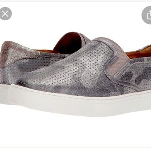 Trask Lillian Pewter Camo Metallic Suede Slip-ons